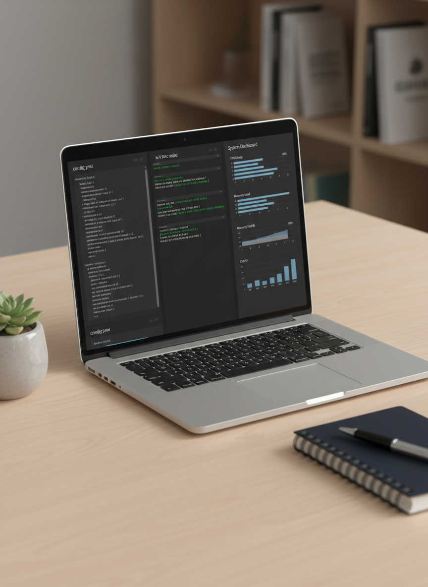 A sleek laptop on a tidy desk, its screen showing a side-by-side comparison of a configuration file, a terminal window with commands, and a system monitoring dashboard with graphs and charts, all generic but realistic. Around the laptop are a closed notebook, a pen, and a small potted plant, adding subtle texture without distraction. The scene is illuminated by soft studio lighting from the left, creating gentle highlights on the metal laptop chassis and mild shadows on the desk. Photographic realism with an eye-level composition and moderate depth of field conveys a calm, organized atmosphere ideal for learning technical setups and system administration tasks.