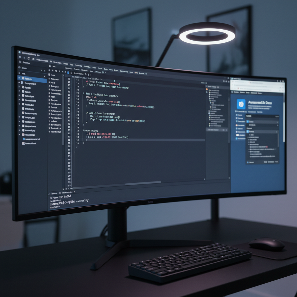 A close-up, over-the-shoulder style view of an ultra-wide monitor filled with a modern IDE showing a step-by-step programming tutorial: code in the main pane, a file tree on the left, and an integrated terminal at the bottom running a build. Next to it, a secondary display shows a browser with a generic documentation page and dev tools panel open. The workspace features a matte black desk, compact keyboard, and wireless mouse. Cool, even lighting from a desk lamp and monitor glow creates a focused, slightly high-tech ambiance. Shot in photographic realism with the main monitor in sharp focus and the background falling into soft bokeh, ideal for illustrating hands-on coding guidance.