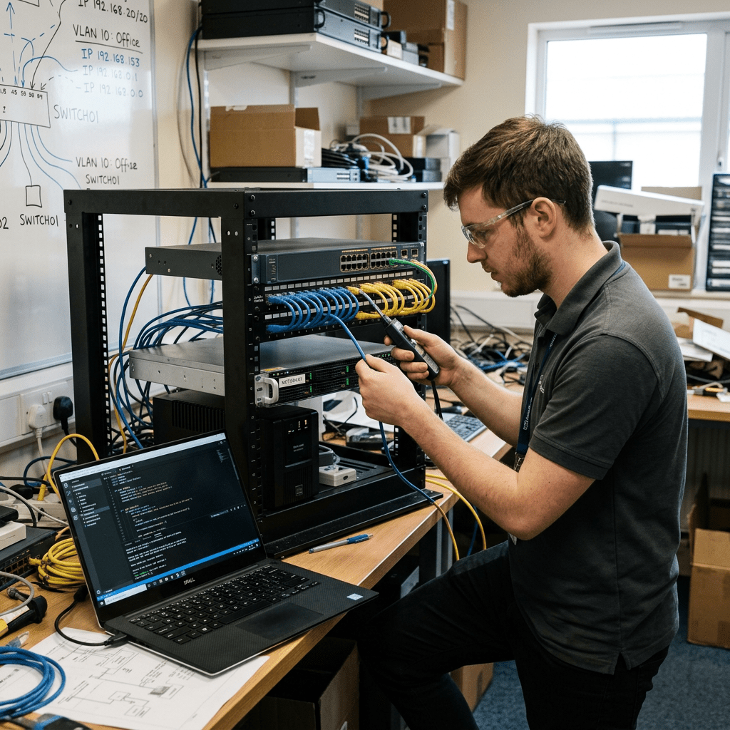 Technician testing cables on network switches with laptop running network code