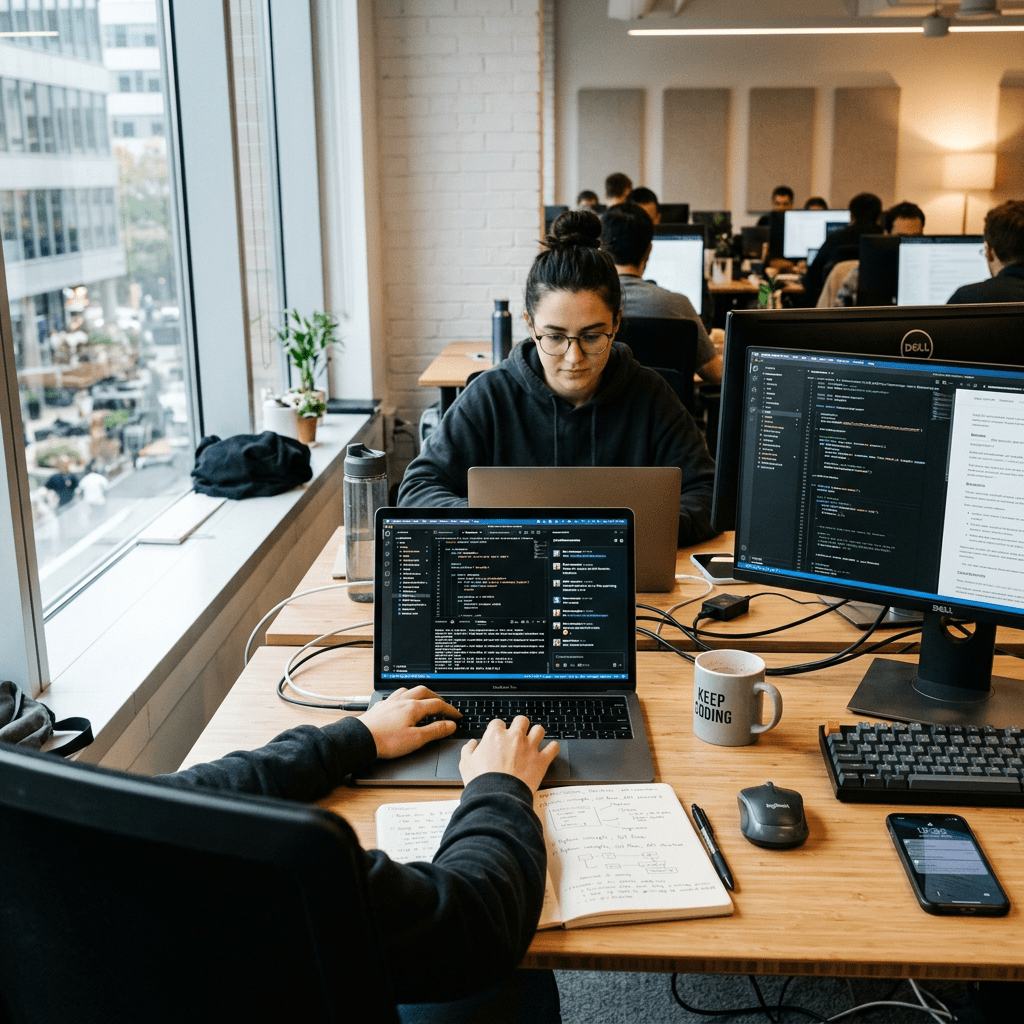 Two developers working on laptops and desktop monitors with code on screens in an office